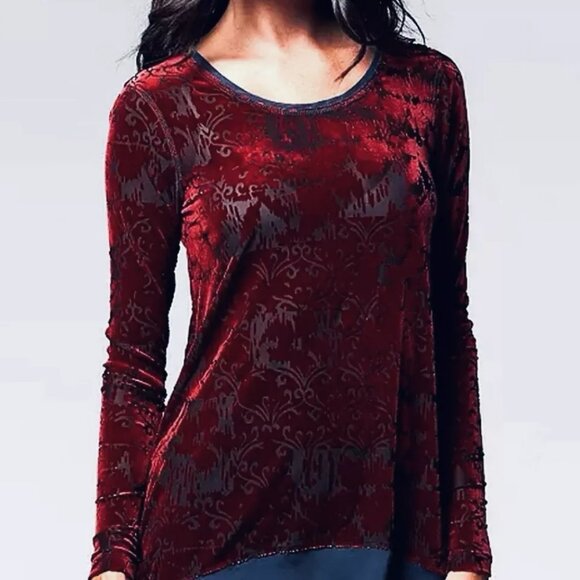 Simply Vera Wang Sz L Red Burnout Velvet Top Sheer Tunic Whimsy Goth - Picture 7 of 13